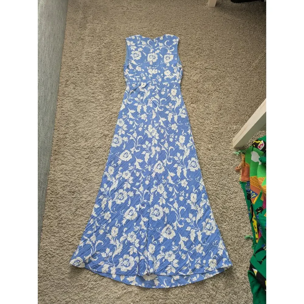 Abercrombie & Fitch Deep V-neck Maxi Dress Women XS Blue Floral Crinkle Romantic